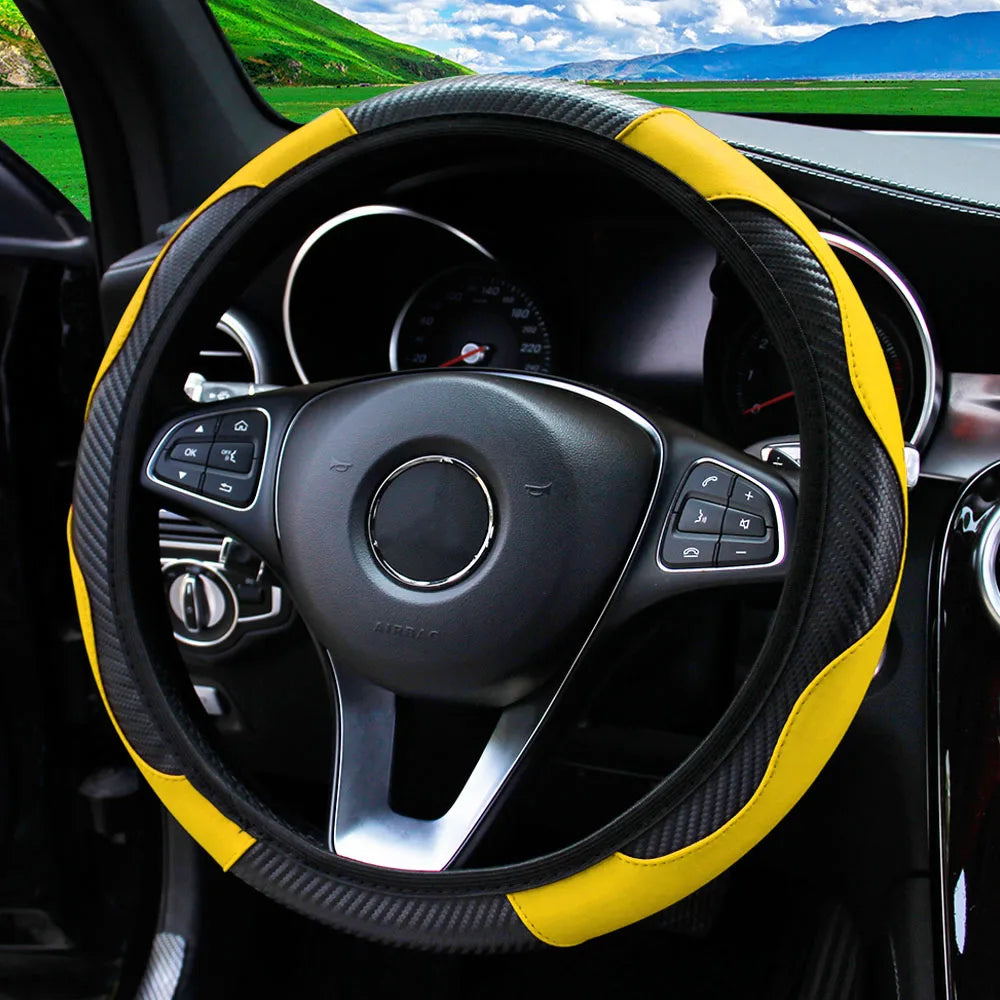 Carbon Fiber-Style PU Leather Steering Wheel Cover – Fits 14.5"–15" Wheels