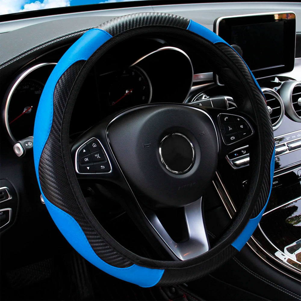 Carbon Fiber-Style PU Leather Steering Wheel Cover – Fits 14.5"–15" Wheels