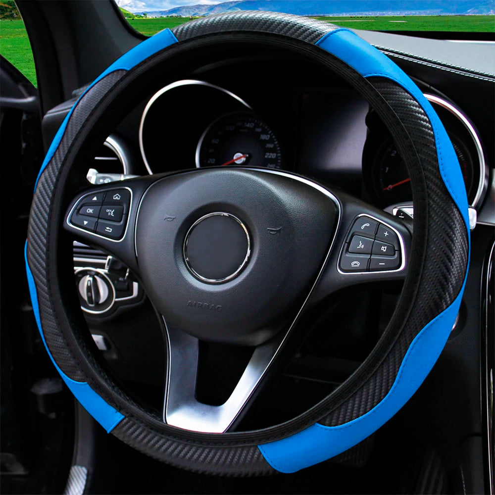 Carbon Fiber-Style PU Leather Steering Wheel Cover – Fits 14.5"–15" Wheels