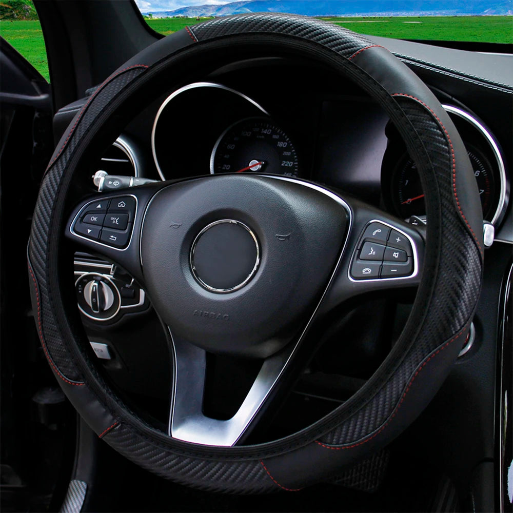 Carbon Fiber-Style PU Leather Steering Wheel Cover – Fits 14.5"–15" Wheels