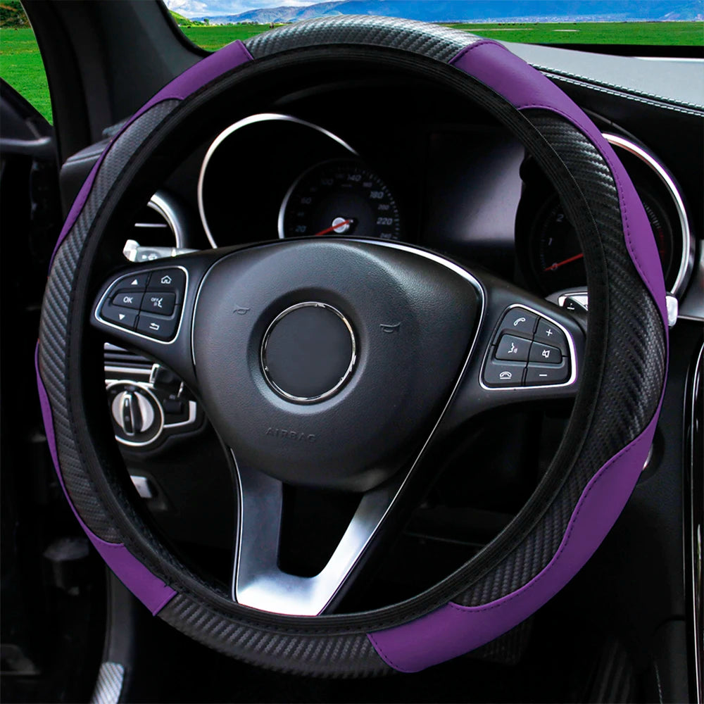 Carbon Fiber-Style PU Leather Steering Wheel Cover – Fits 14.5"–15" Wheels