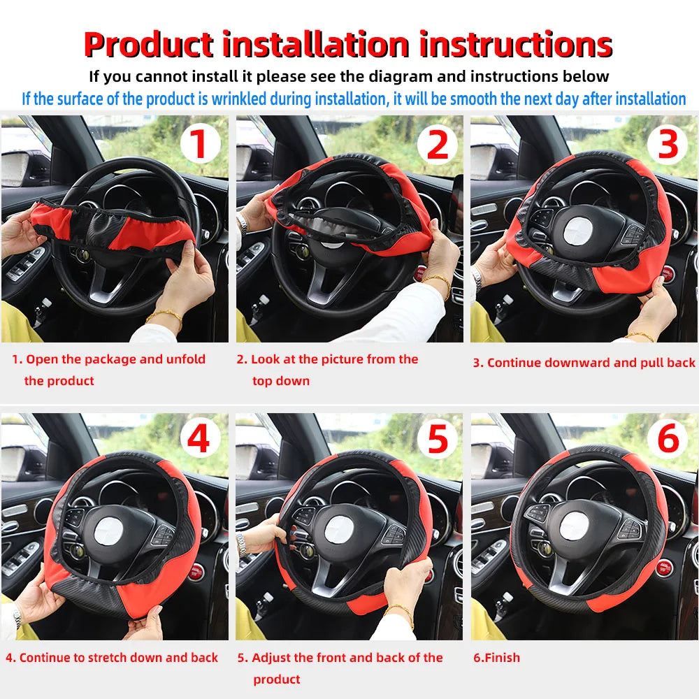 Carbon Fiber-Style PU Leather Steering Wheel Cover – Fits 14.5"–15" Wheels