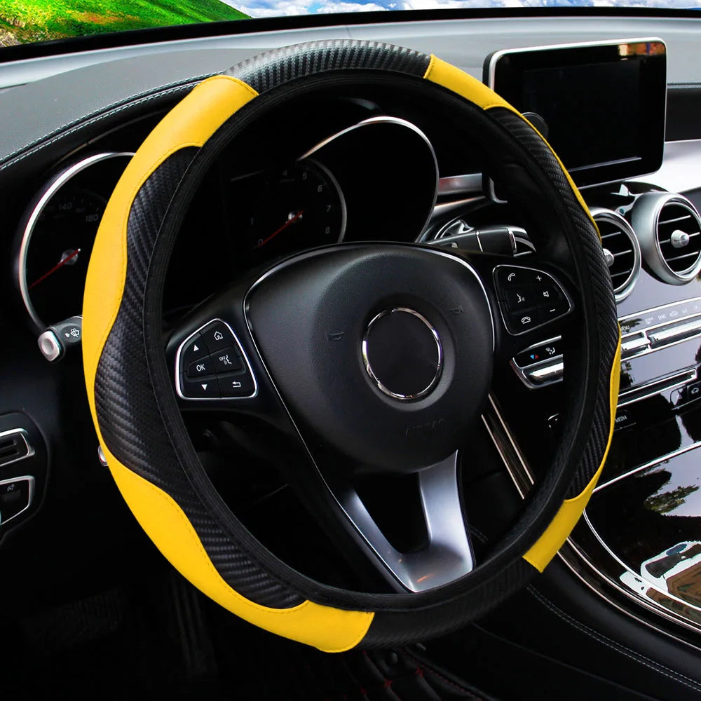 Carbon Fiber-Style PU Leather Steering Wheel Cover – Fits 14.5"–15" Wheels