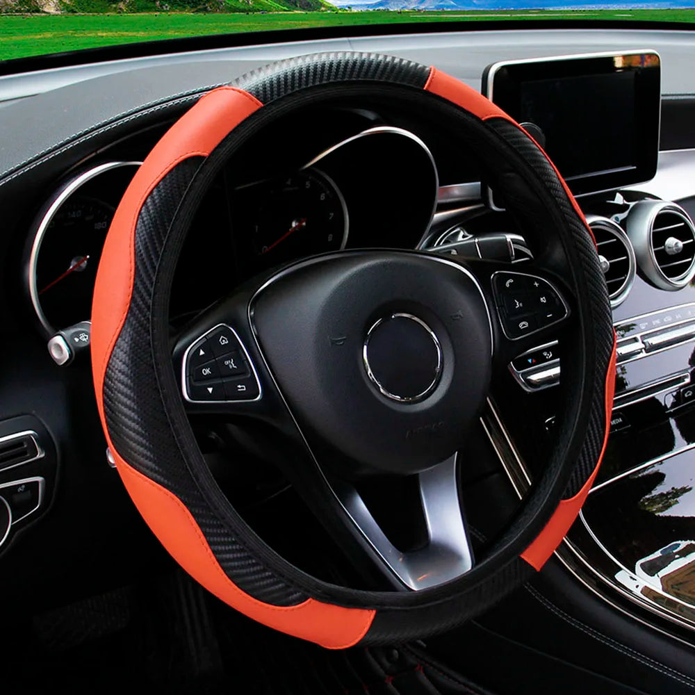 Carbon Fiber-Style PU Leather Steering Wheel Cover – Fits 14.5"–15" Wheels
