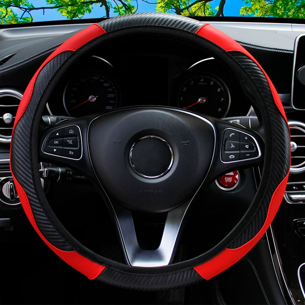 Carbon Fiber-Style PU Leather Steering Wheel Cover – Fits 14.5"–15" Wheels