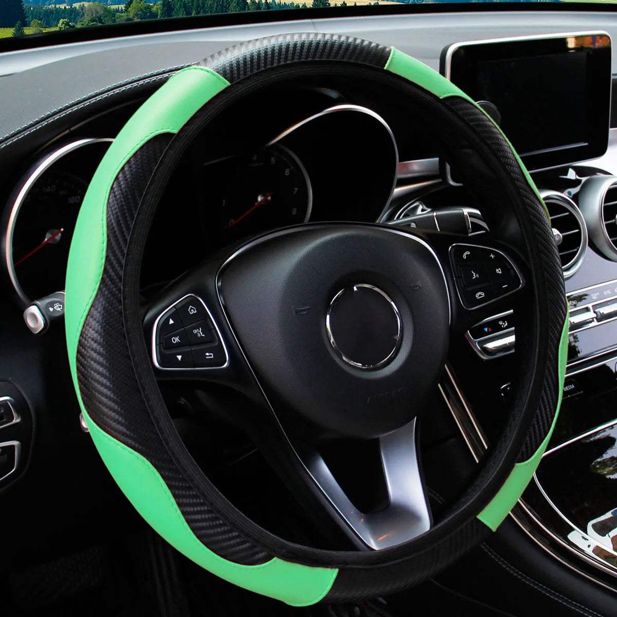 Carbon Fiber-Style PU Leather Steering Wheel Cover – Fits 14.5"–15" Wheels