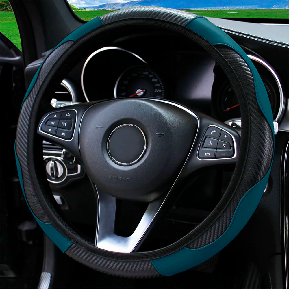 Carbon Fiber-Style PU Leather Steering Wheel Cover – Fits 14.5"–15" Wheels