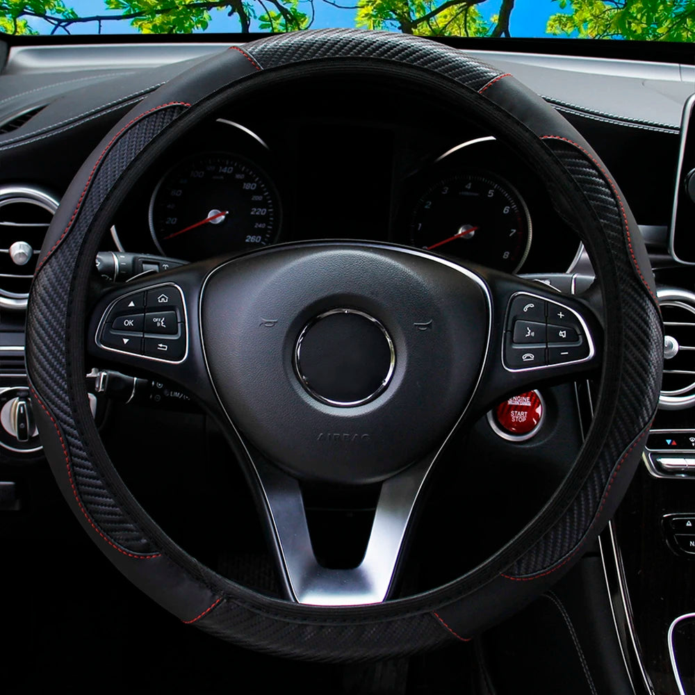 Carbon Fiber-Style PU Leather Steering Wheel Cover – Fits 14.5"–15" Wheels