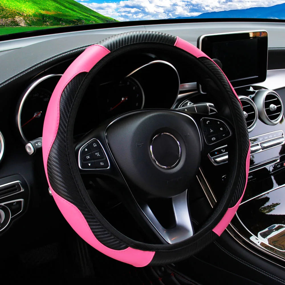 Carbon Fiber-Style PU Leather Steering Wheel Cover – Fits 14.5"–15" Wheels