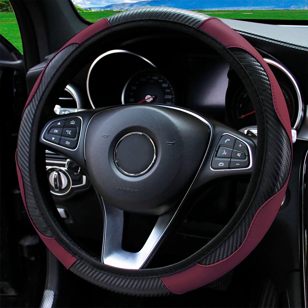 Carbon Fiber-Style PU Leather Steering Wheel Cover – Fits 14.5"–15" Wheels