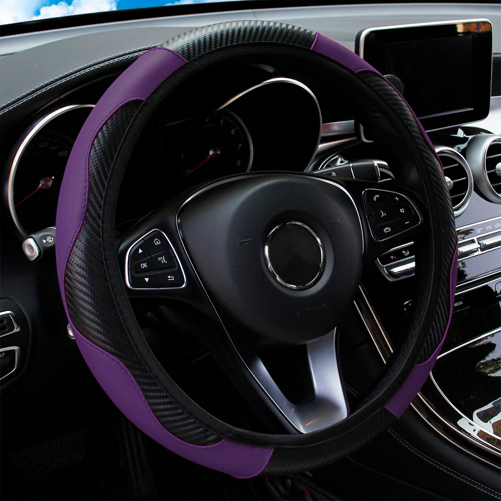 Carbon Fiber-Style PU Leather Steering Wheel Cover – Fits 14.5"–15" Wheels
