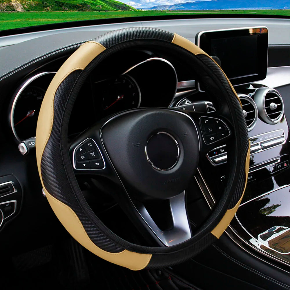 Carbon Fiber-Style PU Leather Steering Wheel Cover – Fits 14.5"–15" Wheels