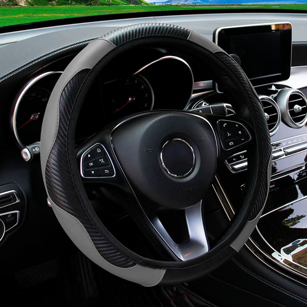 Carbon Fiber-Style PU Leather Steering Wheel Cover – Fits 14.5"–15" Wheels