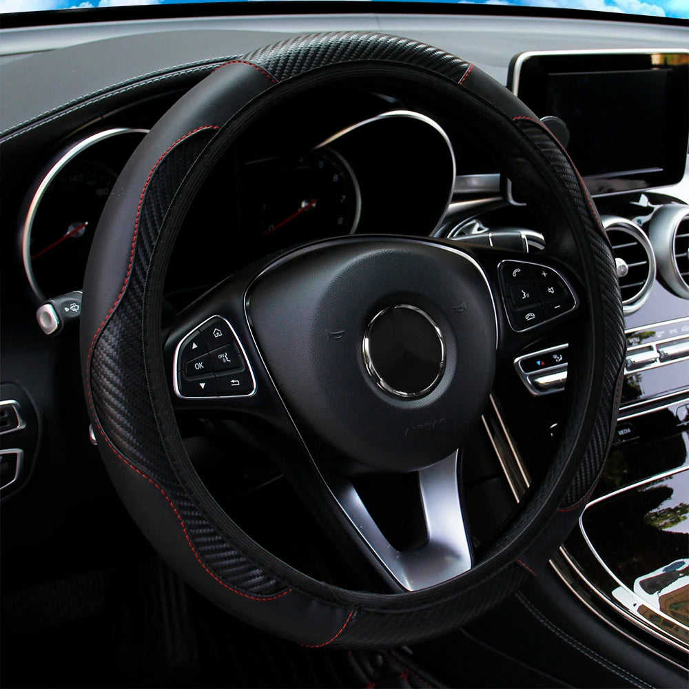 Carbon Fiber-Style PU Leather Steering Wheel Cover – Fits 14.5"–15" Wheels