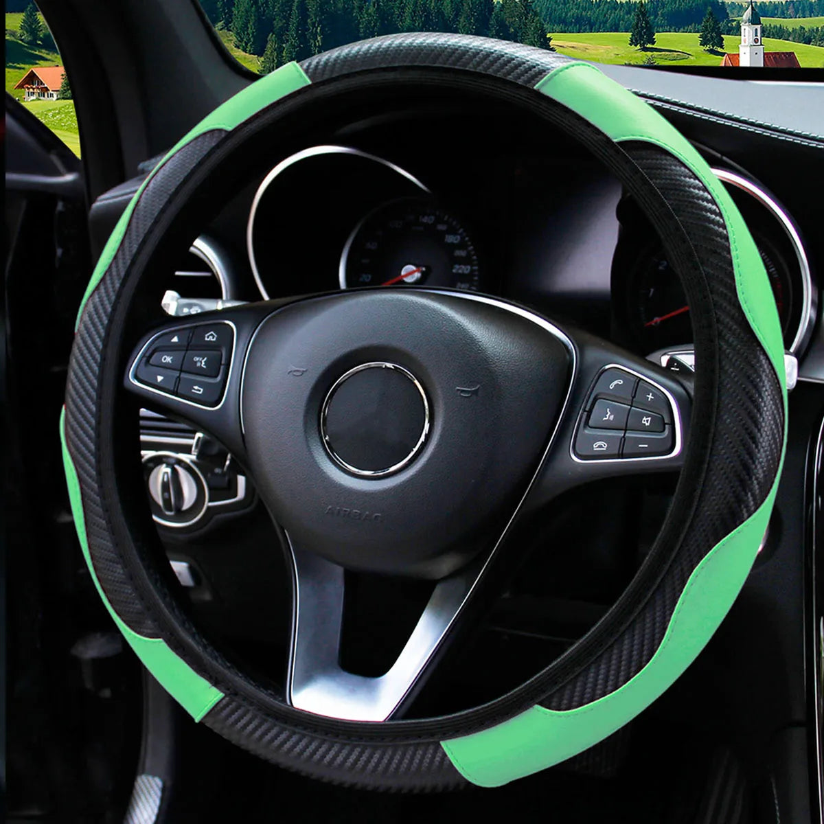 Carbon Fiber-Style PU Leather Steering Wheel Cover – Fits 14.5"–15" Wheels