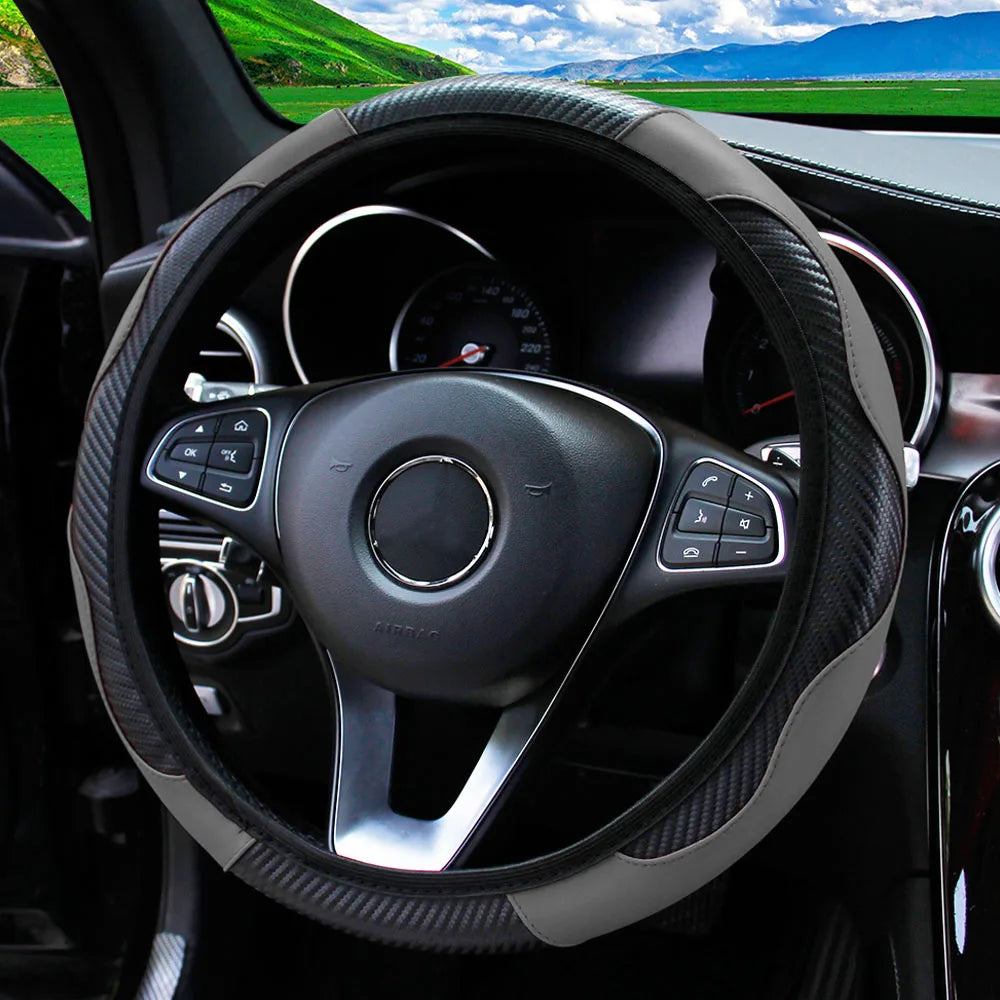 Carbon Fiber-Style PU Leather Steering Wheel Cover – Fits 14.5"–15" Wheels
