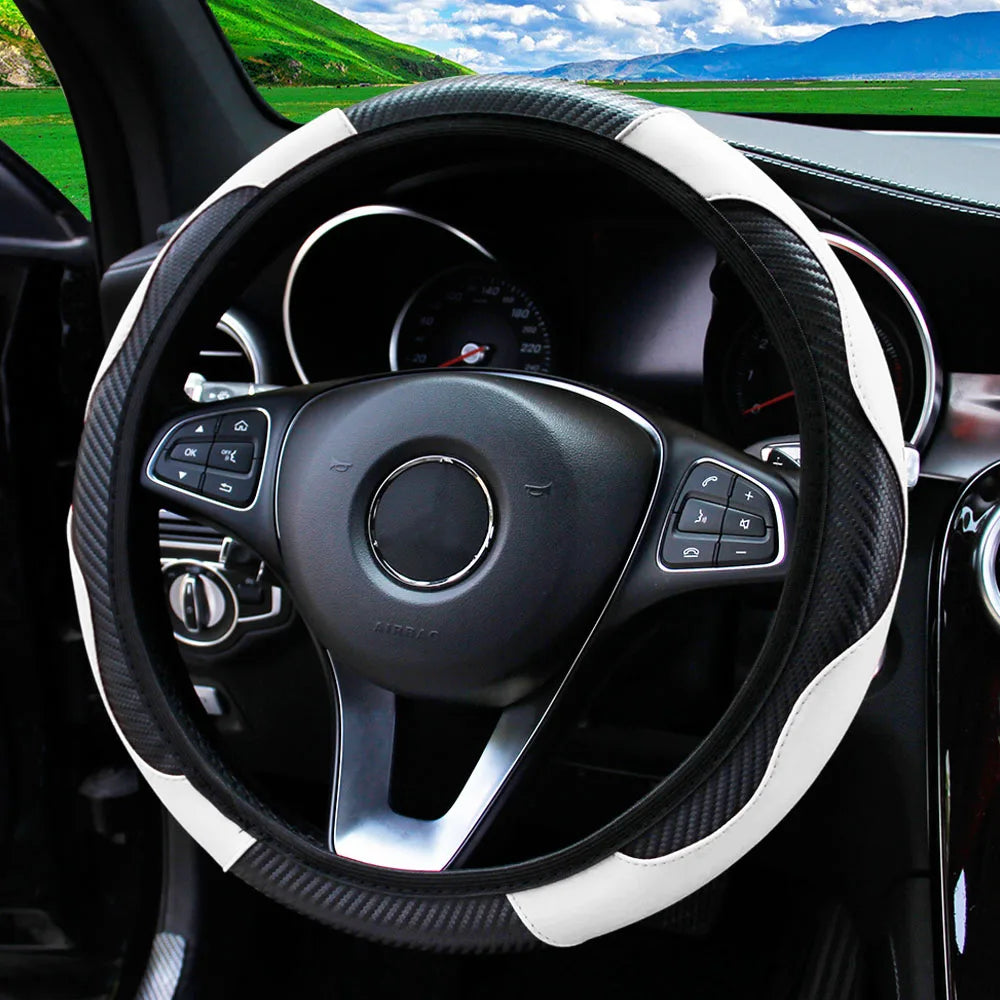 Carbon Fiber-Style PU Leather Steering Wheel Cover – Fits 14.5"–15" Wheels