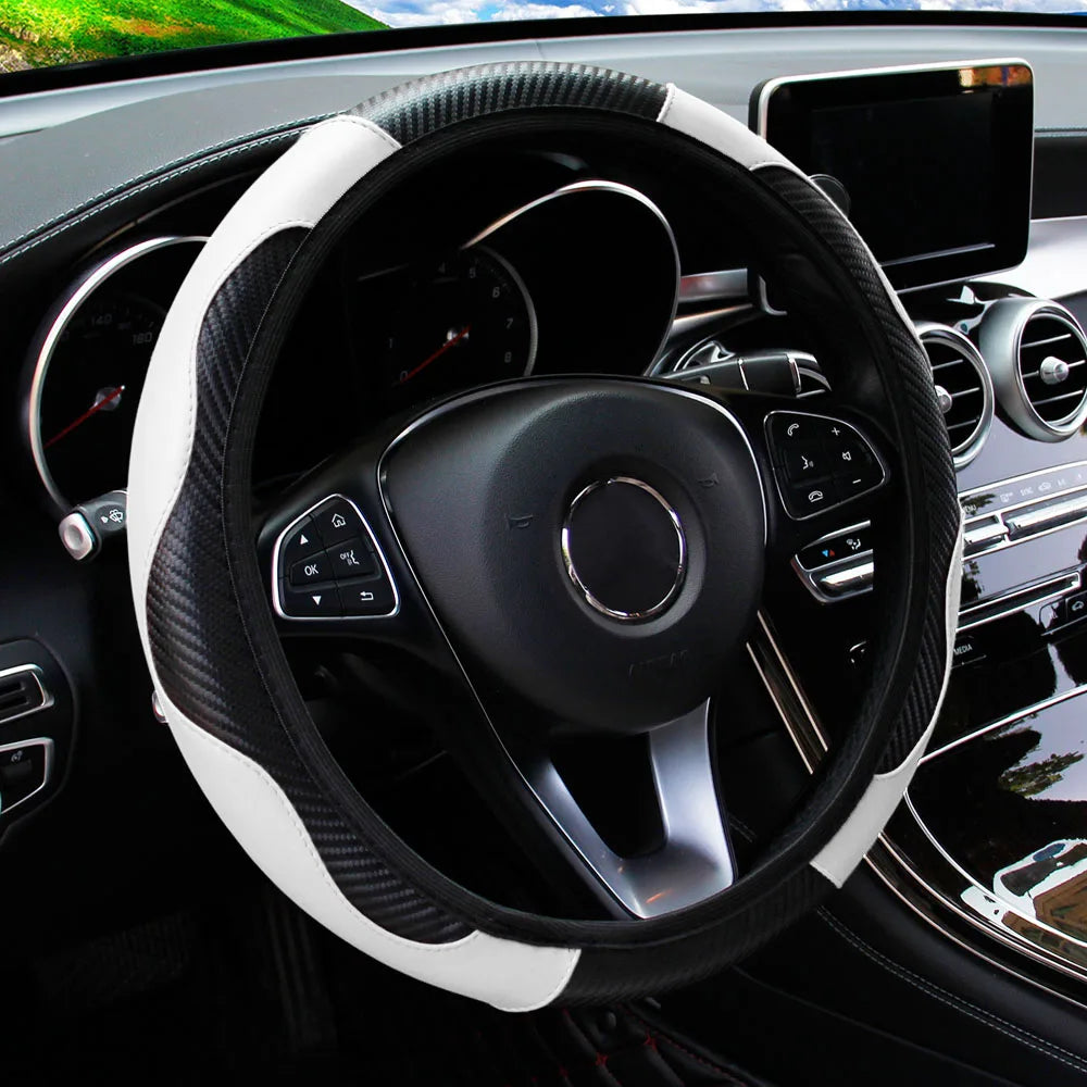 Carbon Fiber-Style PU Leather Steering Wheel Cover – Fits 14.5"–15" Wheels