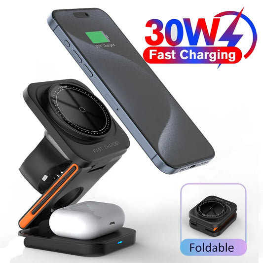 3-in-1 Foldable Wireless Charging Station – MagSafe-Compatible (30W)